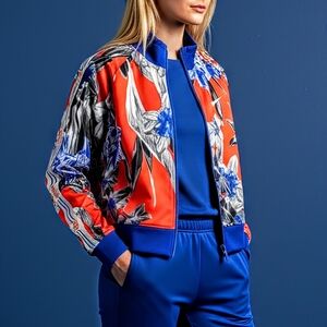 Nike Women's XS Track Jacket Hyper Fem Short Orange Blue Floral Zip Up Collared